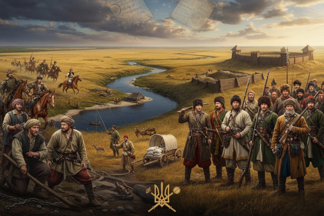 Колаж: козаки з мушкетами, обоз, вершники, січ, документи в небі