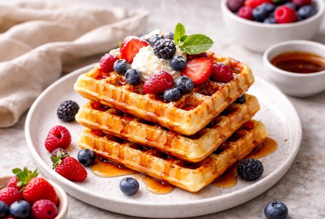 Пухкі вафлі з ягодами, вершками та сиропом на тарілці