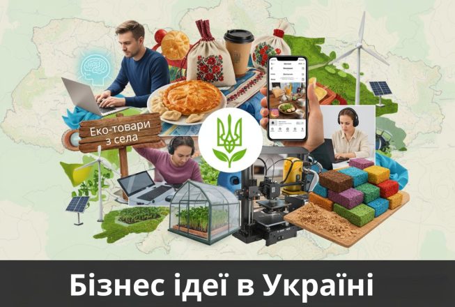 Ілюстрація “Бізнес ідеї в Україні” на тлі мапи України