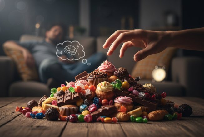 Рука тягнеться до купи тістечок, шоколаду, льодяників, цукерок