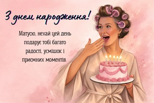 Жінка з бігуді тримає іменинний тортик