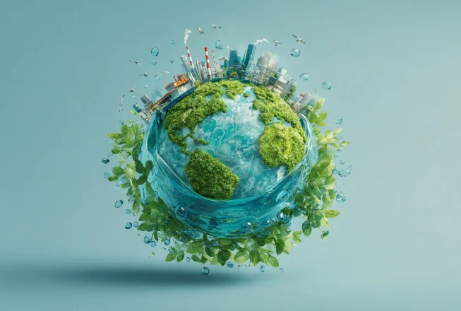 Земна куля з поєднанням зелених природних зон і промислових об’єктів як символ екологічного балансу