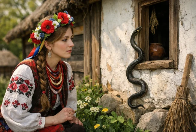 Дівчина в українському вбранні дивиться на вужа