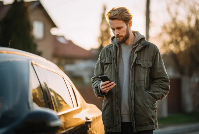 Чоловік перевіряє інформацію про авто на смартфоні