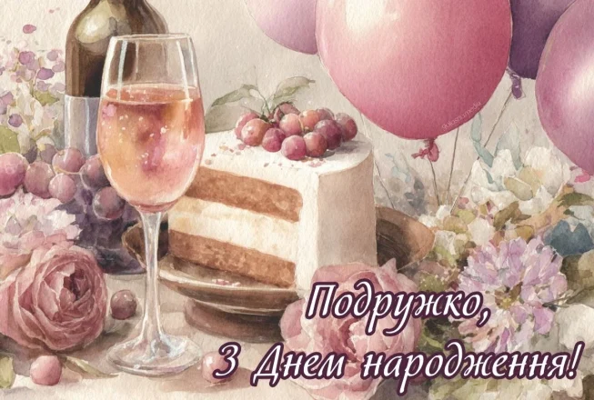 Торт, келих ігристого, повітряні кульки та квіти