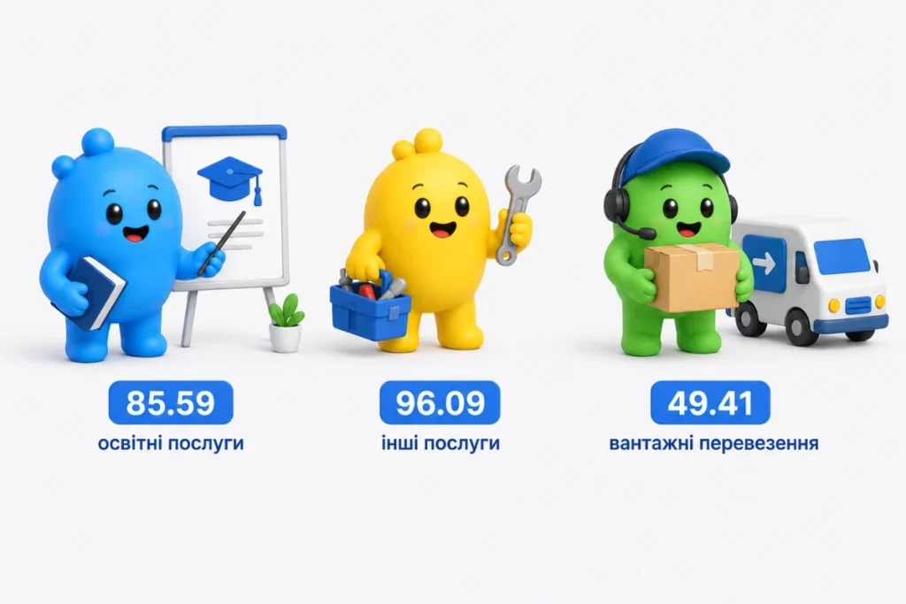 Ілюстрація КВЕД для послуг освіта, інші послуги та вантажні перевезення