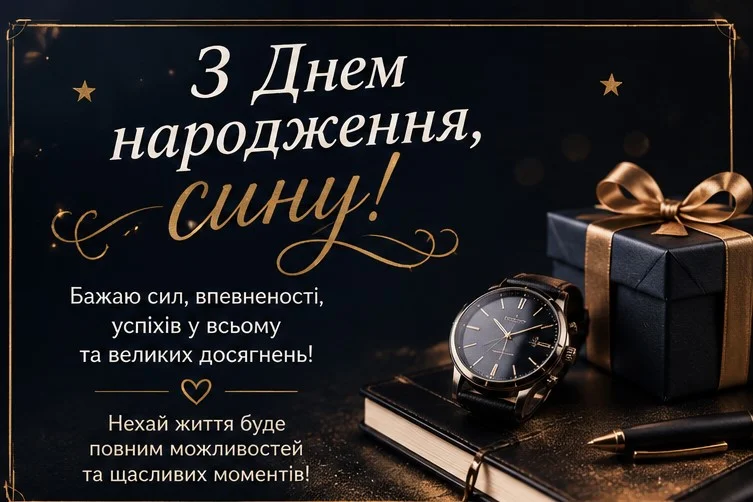 Сильна, солідна листівка з золотими деталями на чорному тлі, наручним годинником, ручкою, шкіряним блокнотом та подарунковою коробкою