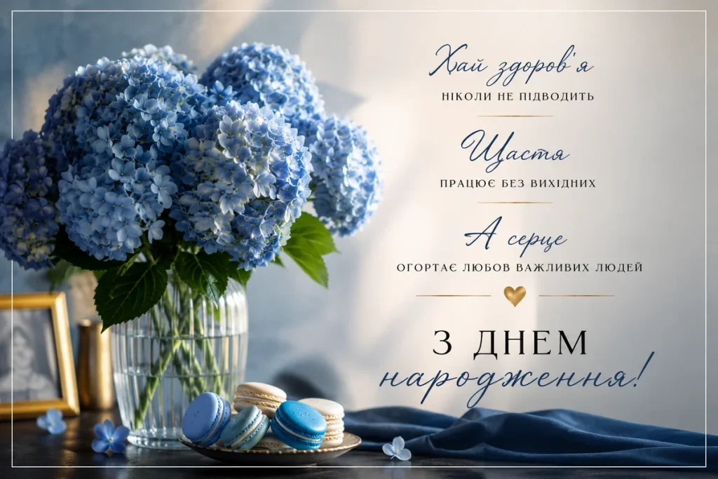 Блакитні гортензії у прозорій вазі
