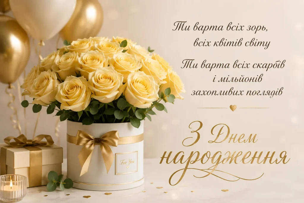 Жовті троянди в боксі з словами привітань для жінки
