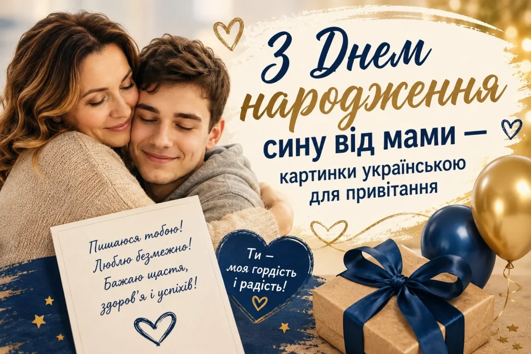 Листівка синові від мами із синіми та золотими кульками і подарунками