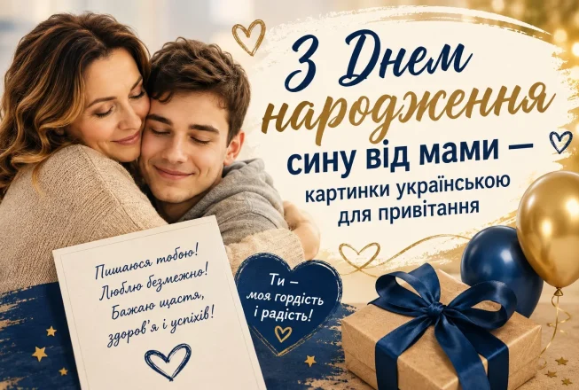Листівка синові від мами із синіми та золотими кульками і подарунками