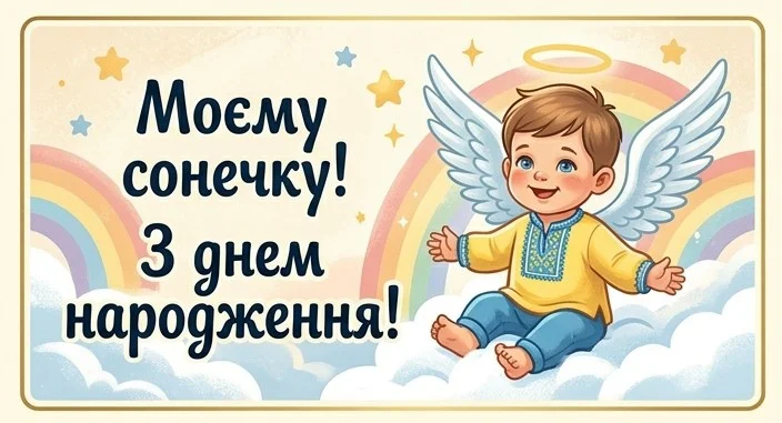 Мила листівка для маленького синочка з фігуркою хлопчика в образі янгола на хмаринках під райдугами