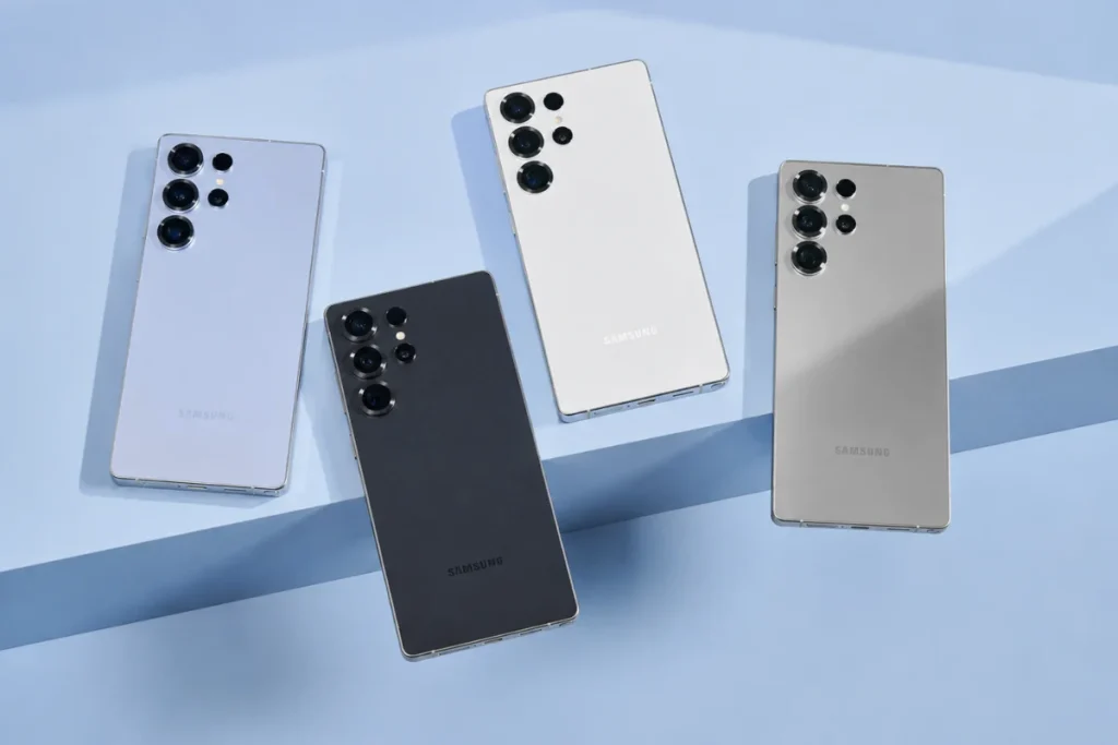 Samsung Galaxy S25 Ultra у кількох кольорах на світлому фоні