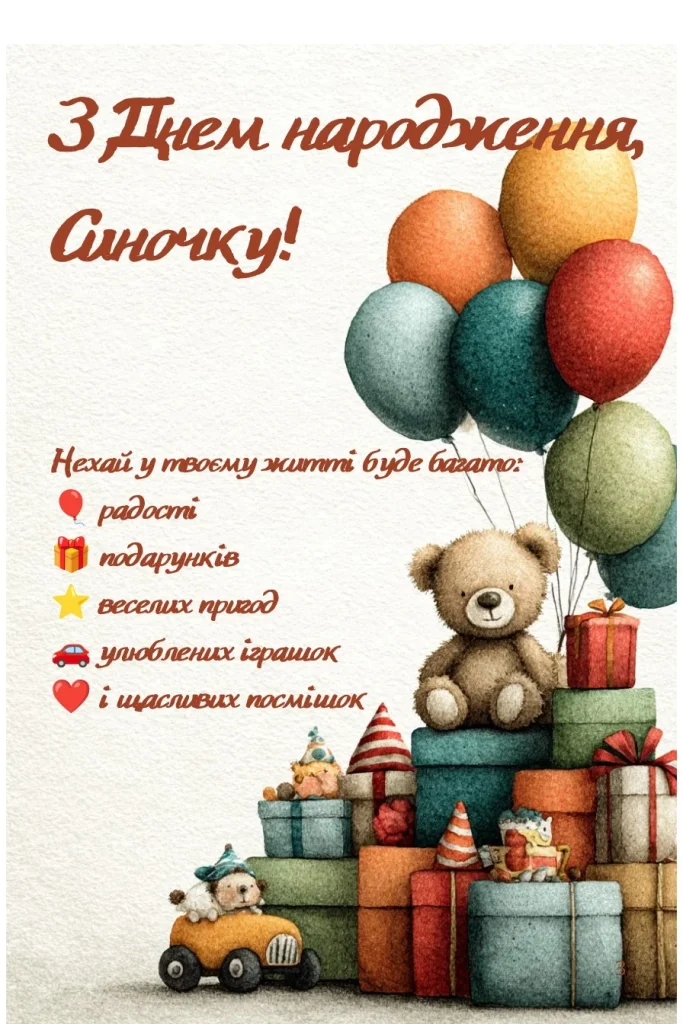 Яскрава мальована листівка для хлопчика з подарунками, іграшками та кульками