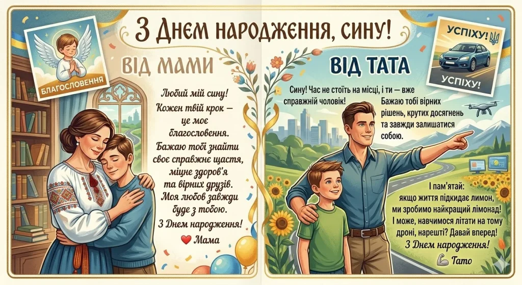 Подвійна листівка від батьків з українським колоритом – поєднання материнського тепла та батьківської мотивації