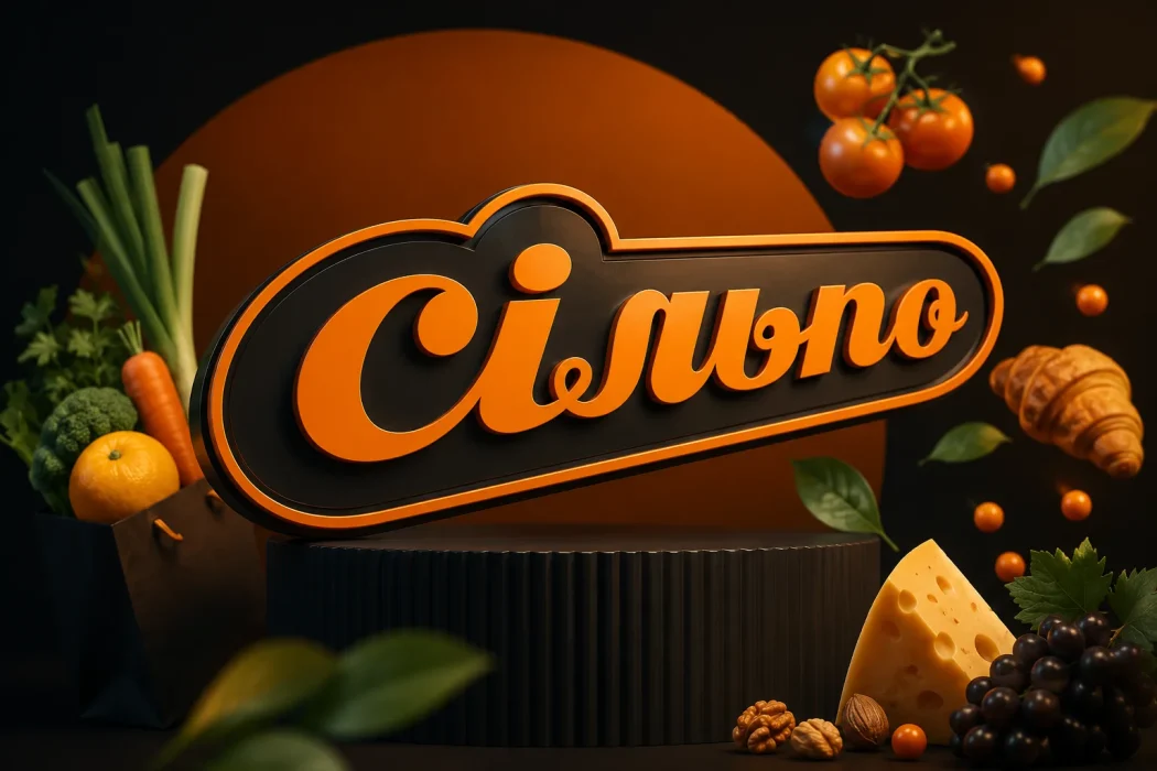 Логотип «Сільпо» на стильній темній обкладинці в оточенні свіжих овочів, фруктів, сиру та випічки