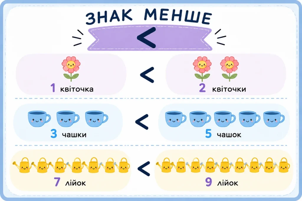 Знак менше на прикладі картинок для дітей