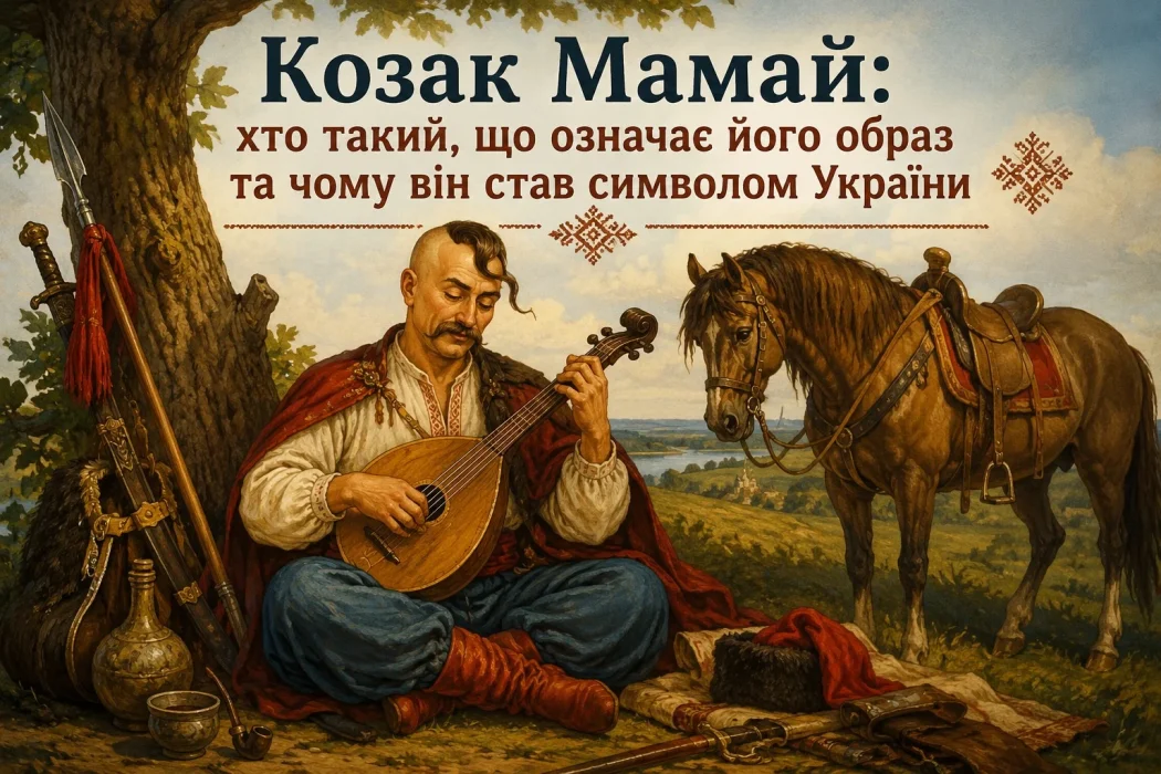 Символ України – козак з кобзою, що сидить під дерево, схрестивши ноги, а поруч кінь та зброя
