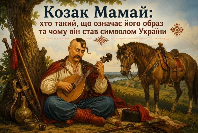 Символ України – козак з кобзою, що сидить під дерево, схрестивши ноги, а поруч кінь та зброя