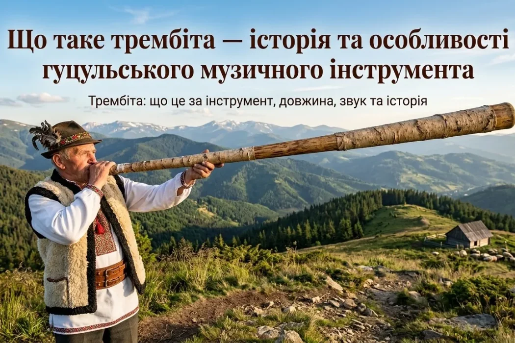 Гуцул у автентичному вбранні грає на трембіті