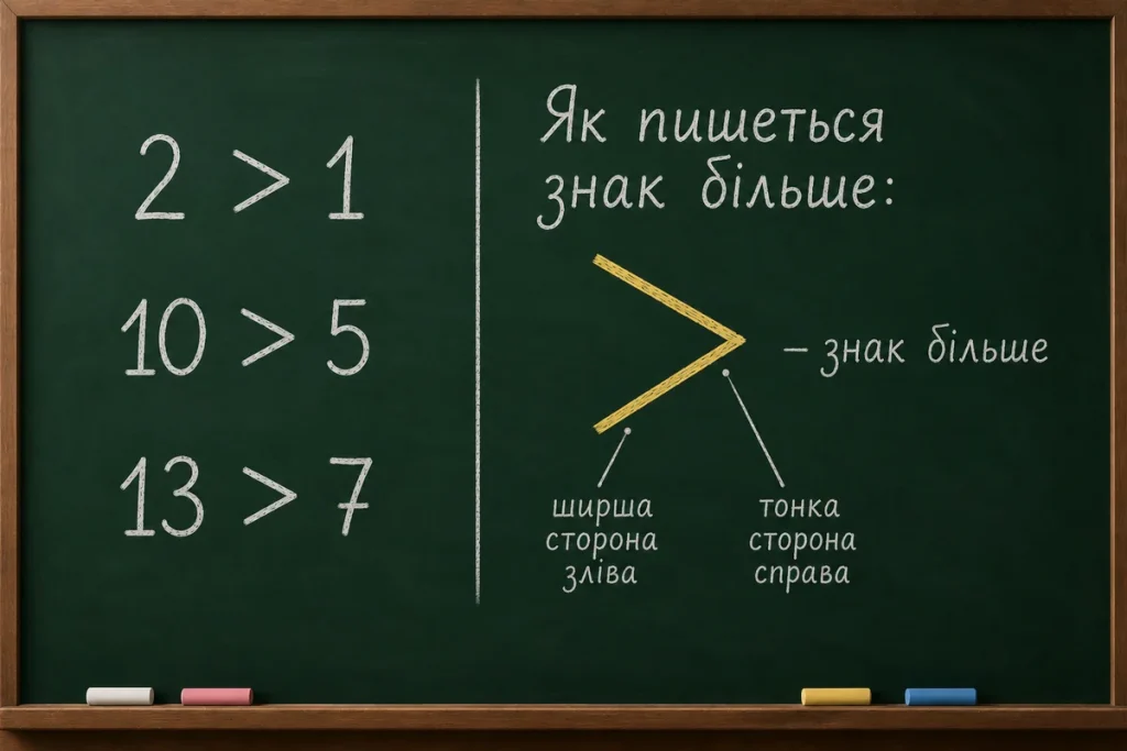 Приклади, які показують, як пишеться знак більше