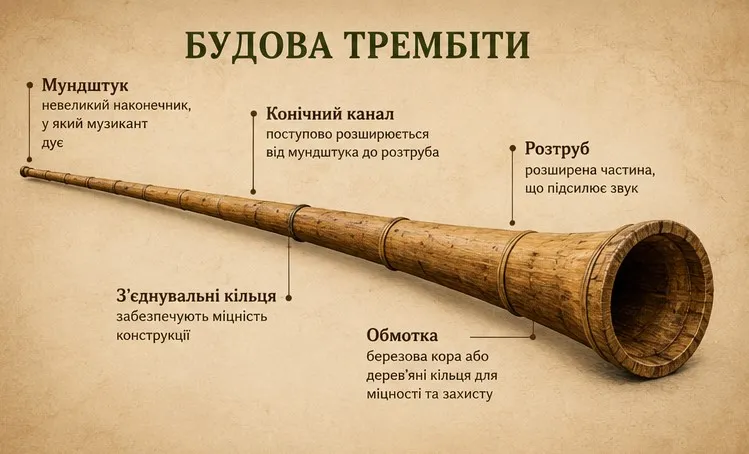 У трембіти проста будова – це розширена з одного боку труба з мундштуком на вузькому кінці та обмоткою