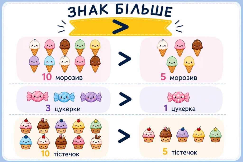 Знак більше на прикладі солодощів