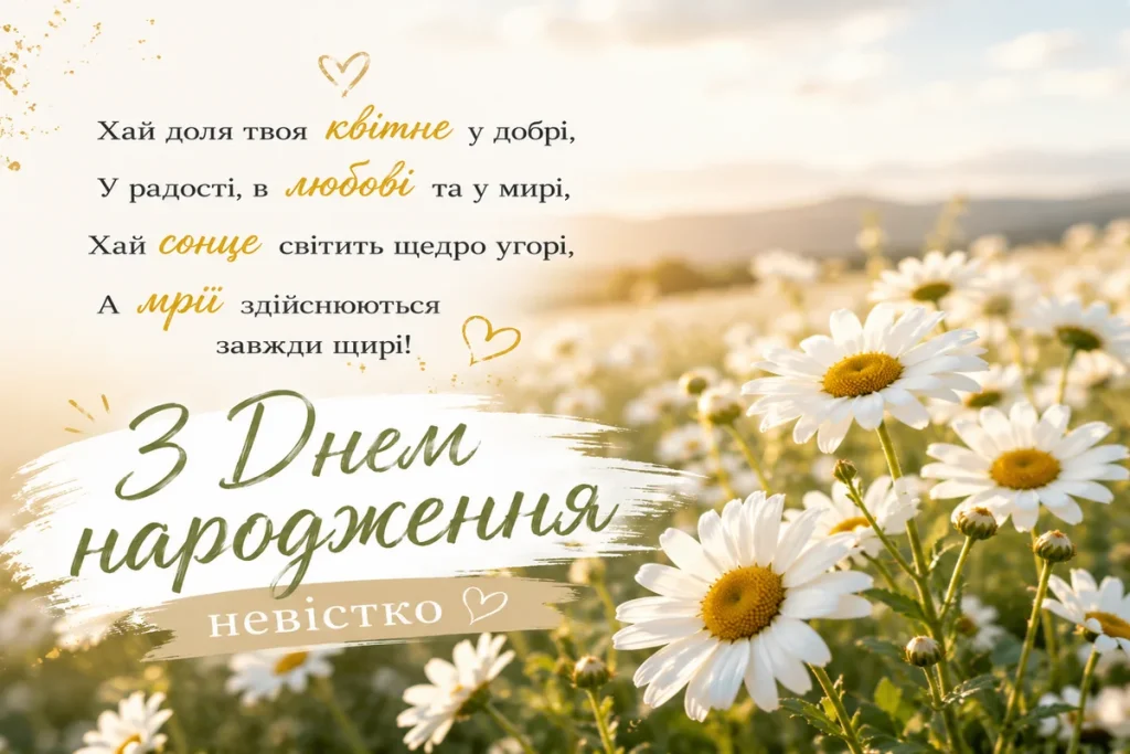 Ромашкове поле з словами привітань для невістки