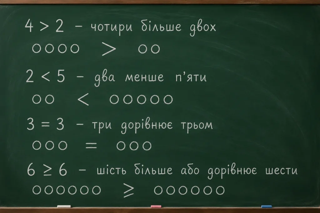 Приклади з знаками: більше, менше, дорівнює, більше або дорівнює