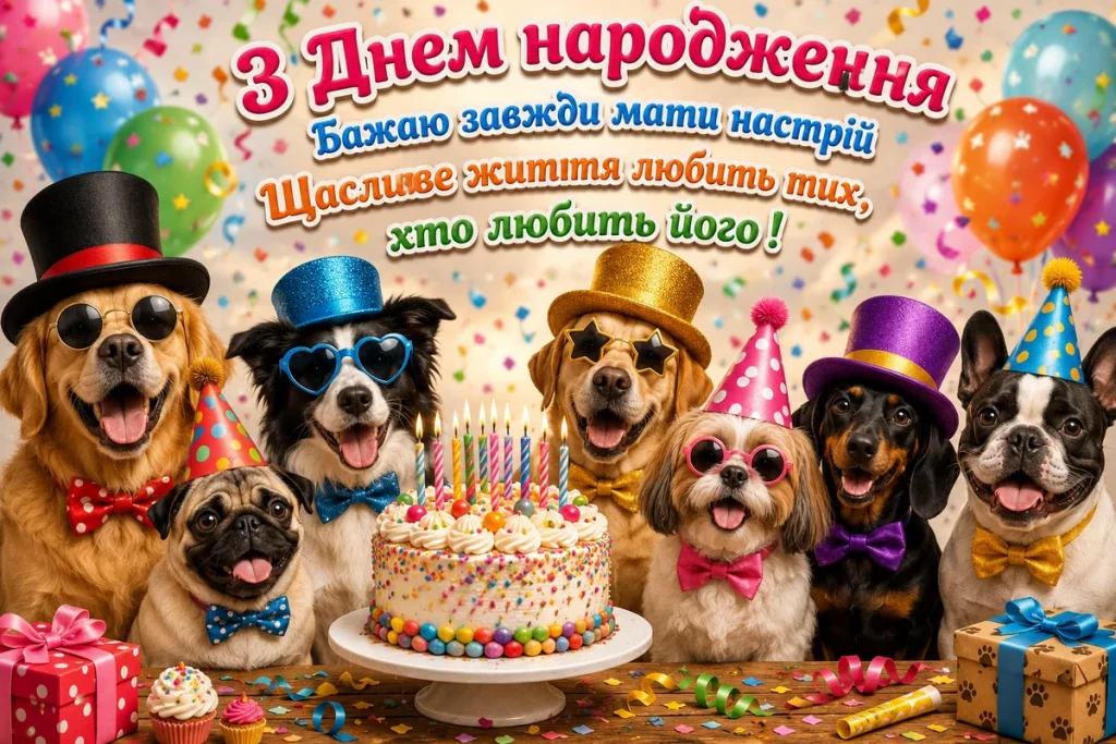 Весела собача компанія вітає хлопця з днем народження