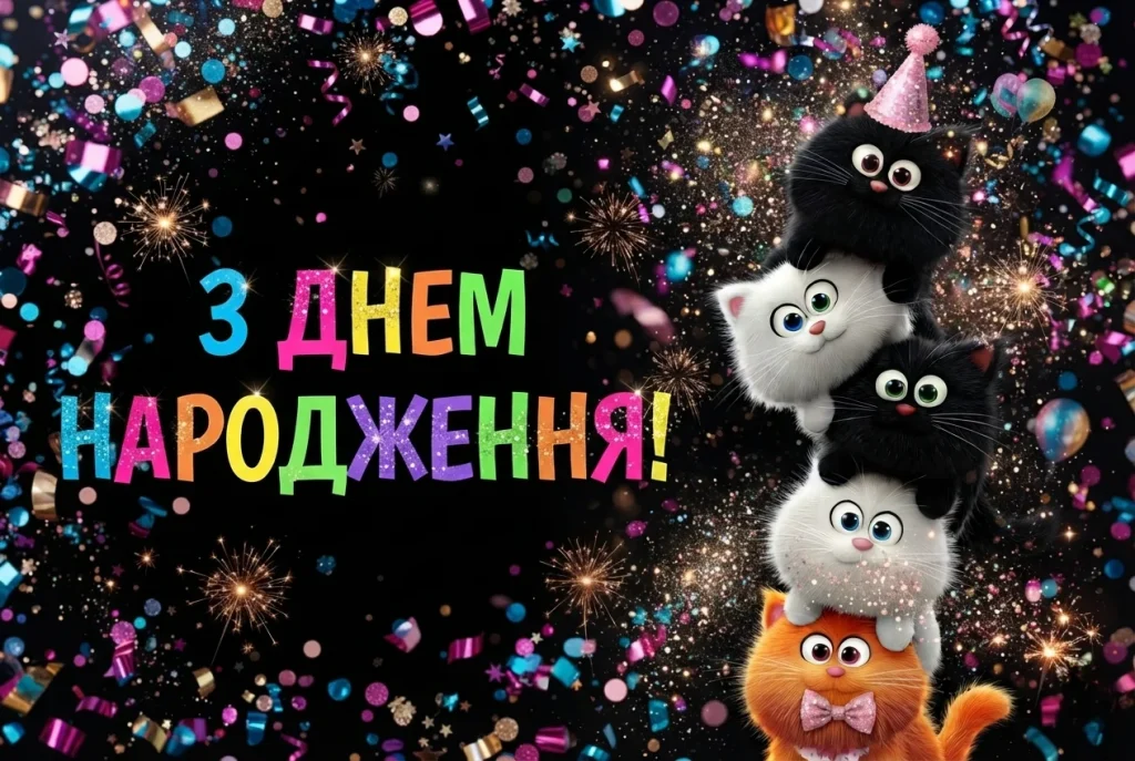 Коти у ковпачках і салют, напис З Днем Народження!