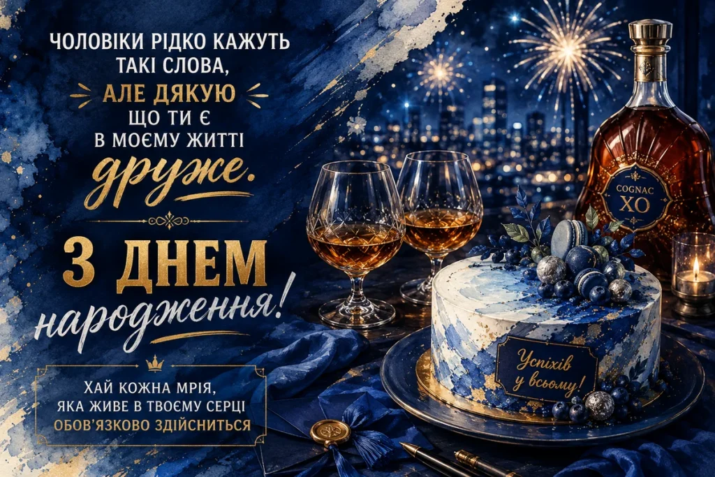 Привітання для друга своїми словами на листівці з тортом