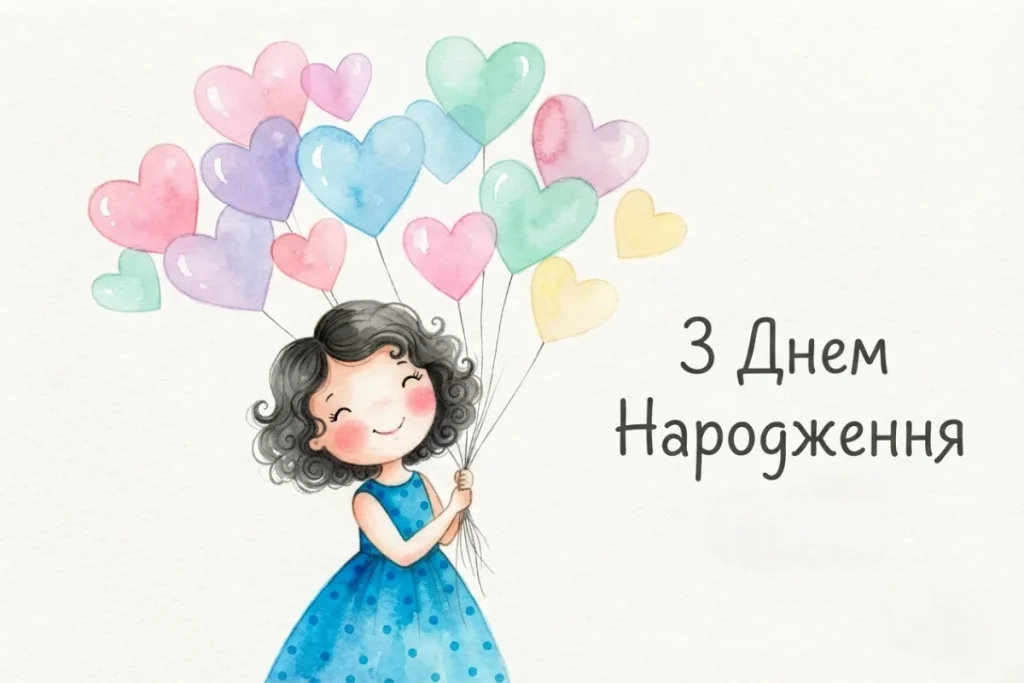 Дівчина з кульками-серцями, напис З Днем Народження