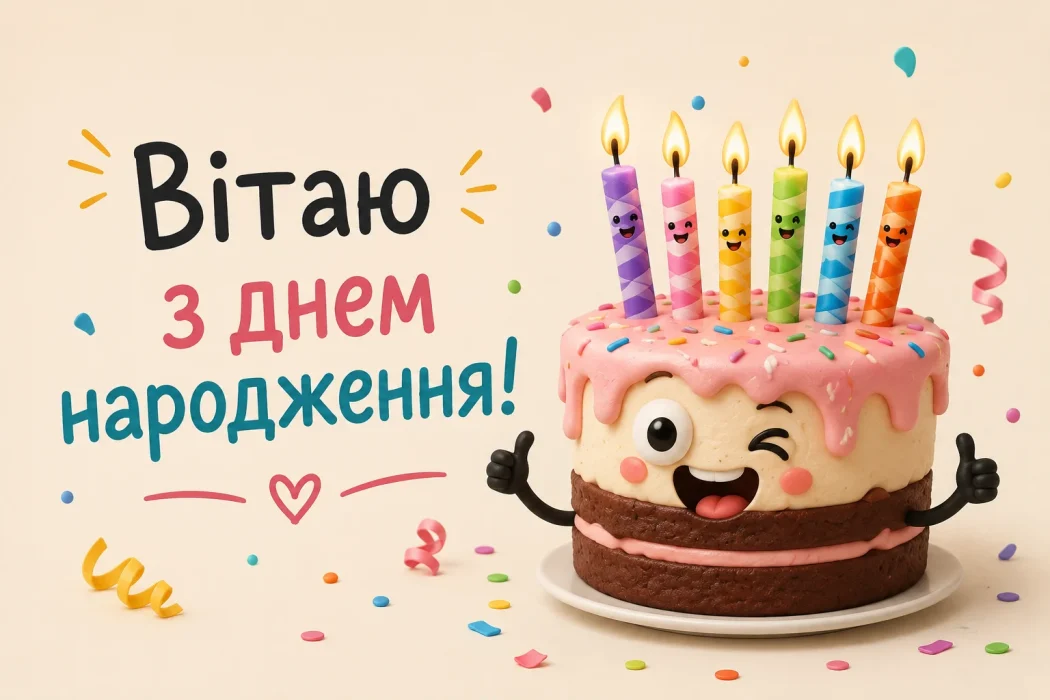 Кумедний святковий торт зі свічками та написом «Вітаю з днем народження!»