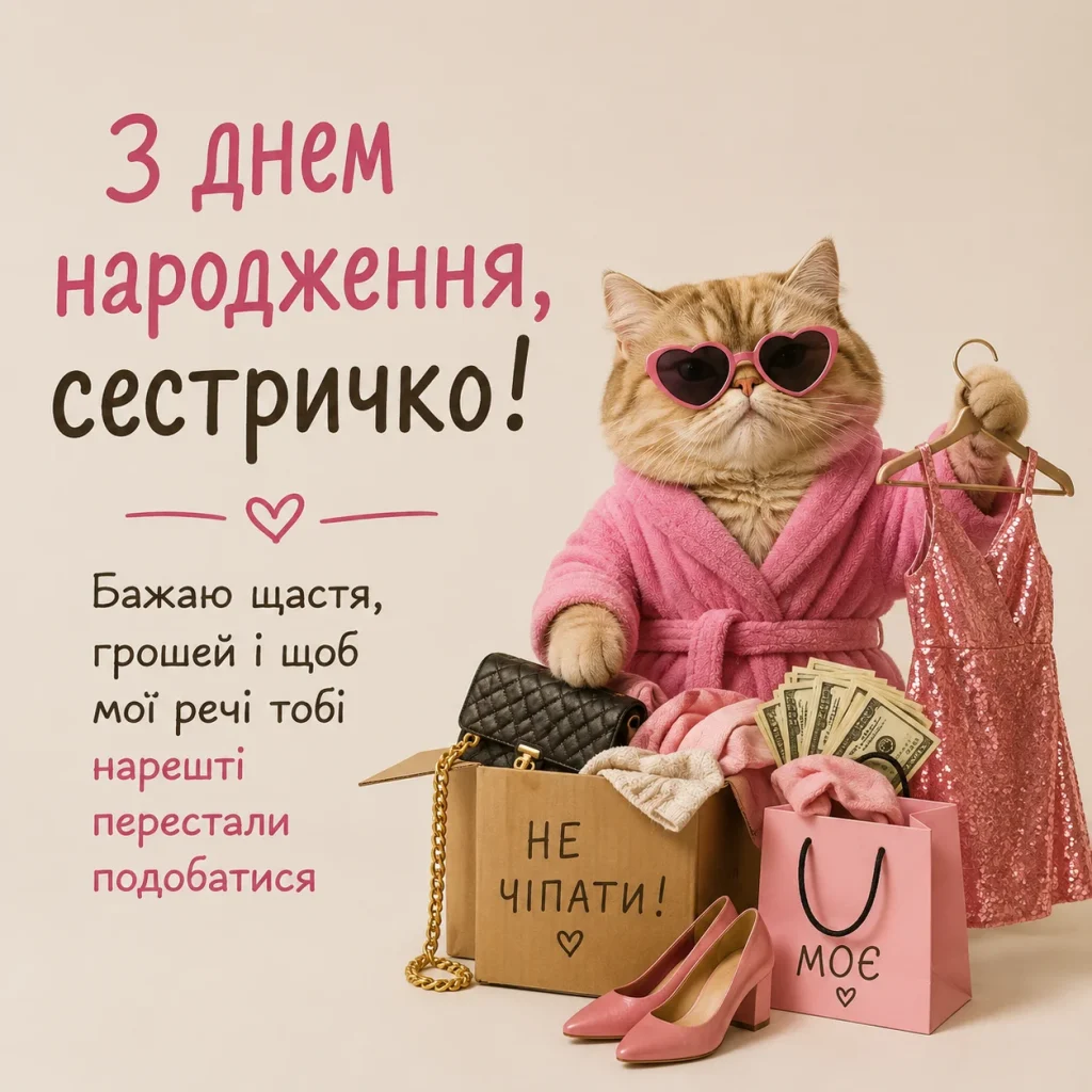 картинка привітання з днем народження сестрі зі стильною кицею