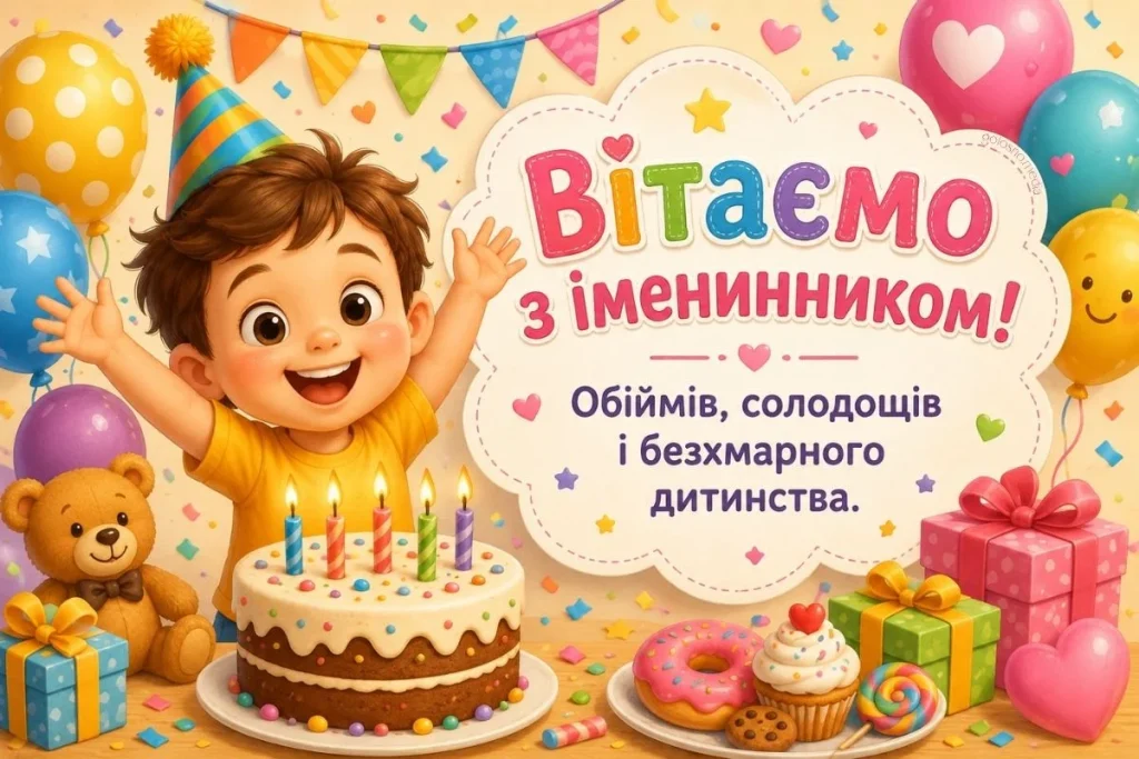Хлопчик-іменинник біля святкового торта