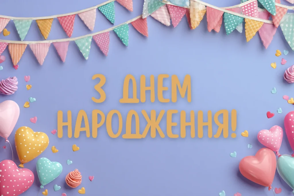 Святкова листівка на фіолетовому тлі з прапорцями