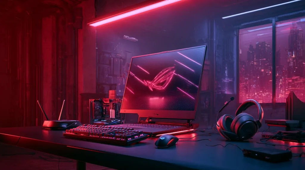 Ноутбук ASUS ROG у поєднанні з ігровим сетапом та неоновим підсвічуванням