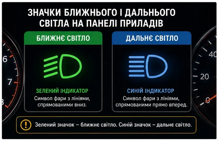 Для ближнього та дальнього світла передбачені індикатори зі схожими зображеннями, але є певні відмінності