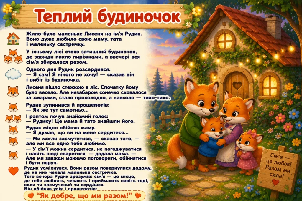 Сімʼя лисичок біля будиночку
