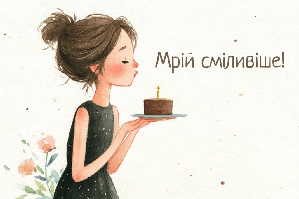 Листівка  з дівчиною, яка тримає шоколадний тортик зі свічкою