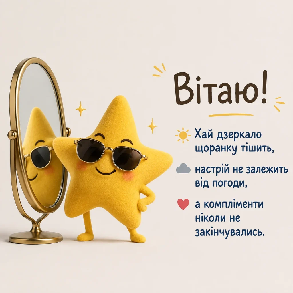 Кумедна зірка в окулярах біля дзеркала з веселим привітанням