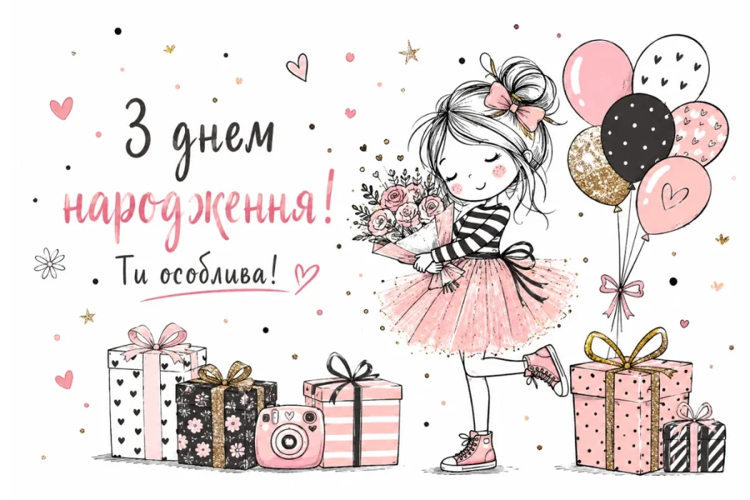 Листівка з дівчиною в рожевій спідниці, букетом троянд та кульками