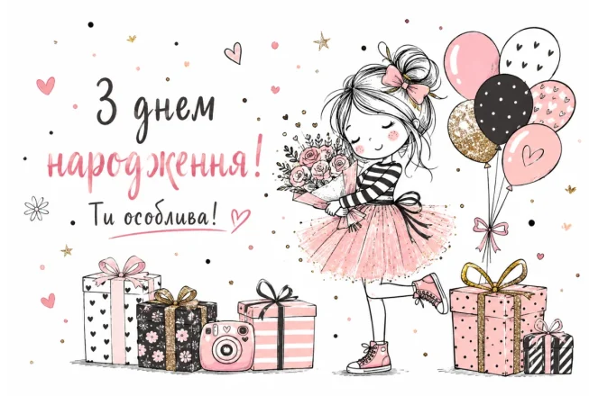 Листівка з дівчиною в рожевій спідниці, букетом троянд та кульками