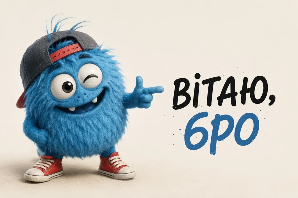прикольний персонаж та напис “вітаю, бро”