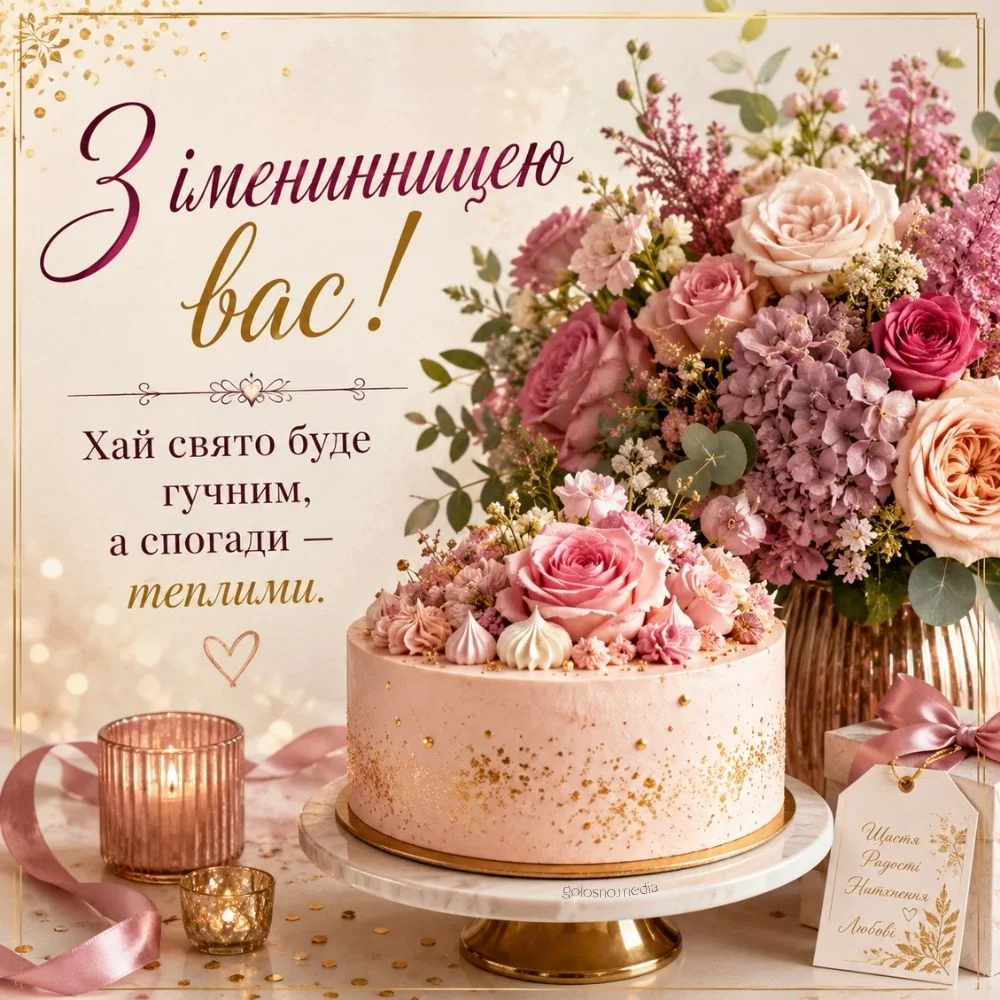 Листівка з тортом і квітами