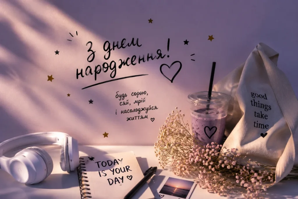 Мінімалістична листівка з навушниками та рукописним написом