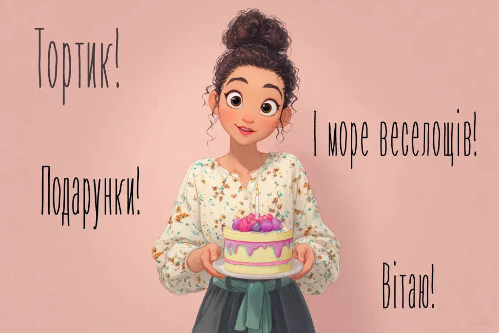 Листівка з дівчиною, яка тримає святковий торт зі свічкою