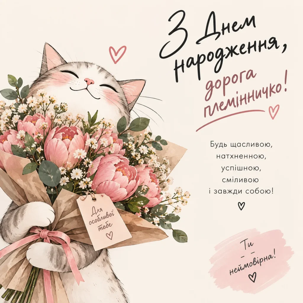 прикольна картинка з котом, квітами та привітаннями для племінниці 