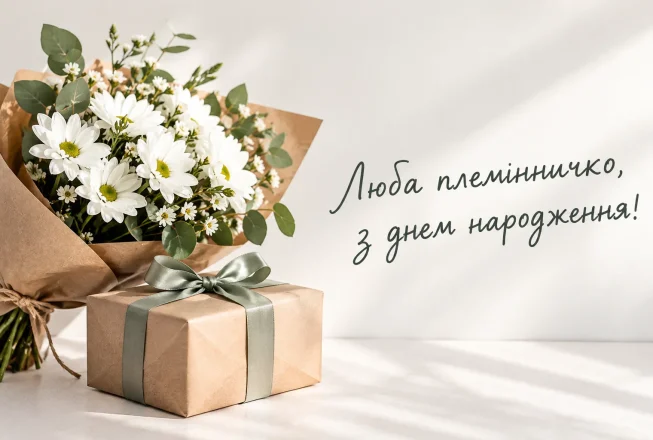 Листівка з квітами та подарунком для племінниці